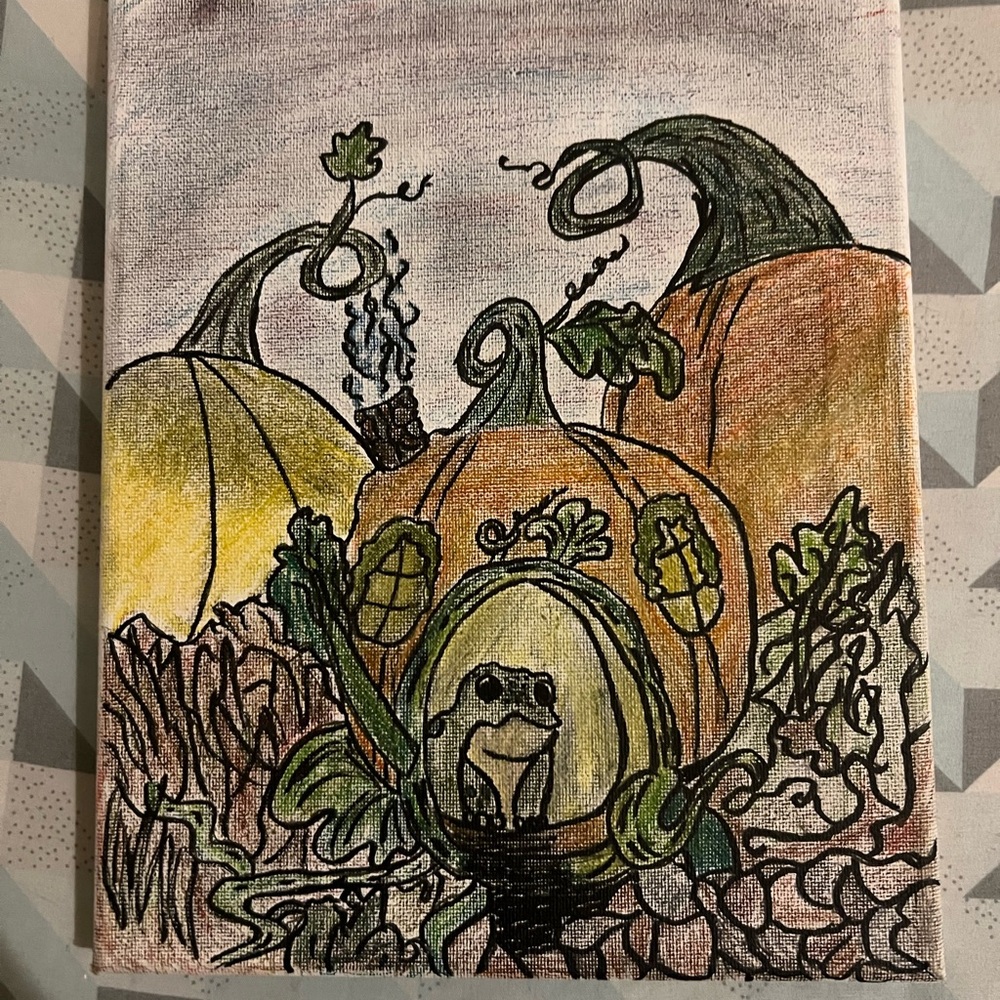 Whimsical Pumpkin Frog Illustration on Canvas